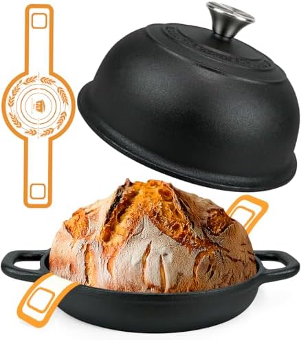 5QT Pre-Seasoned Cast Iron Dutch Oven For Bread Baking, Dutch Oven with Domed Lid, Sourdough Bread Baking Supplies, Multi-Functional Bread Pan For Baking, Frying, Roasting by AHJ