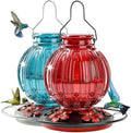2 Pack Glass Hummingbird Feeder for Outdoors Hanging, Bird Nectar Feeder with Perch & 5 Flower Feeding Ports, 26 Oz Leak Proof for Outside Garden Decor Backyard, Gifts for Women Mom, Red + Blue by GreteGotye