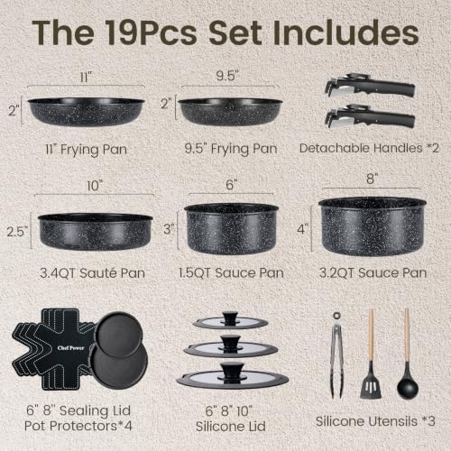 Chef Power Ceramic Cookware Set, 19 PCS Detachable Non Stick Pots and Pans - Image 2