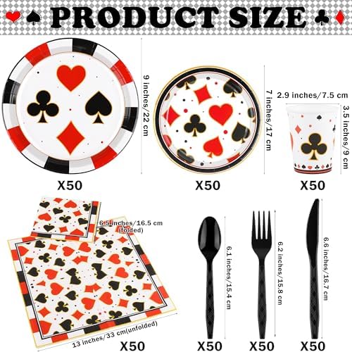 durony 350 Pieces Casino Print Party Tableware Set Including Casino Party Plates Cups Napkins Knives Forks Spoons Serves 50 for Poker Club Casino Theme Party Decorations - Image 2