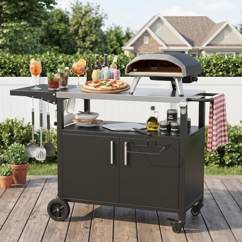 Vongrasig Outdoor Grill Cart, Patio Kitchen Island with Storage, Outdoor Bar Table BBQ Cart Pizza Oven Table with Foldable Stainless Steel Top & Wheels, Black - Image 2