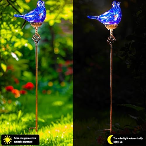 Decorative Solar Lights, Outdoor Solar Bird Stake Lights, Hand Blown Glass Decorative Garden Pathway Lights Outdoor Waterproof Glass Stakes (Dark Blue) - Image 5
