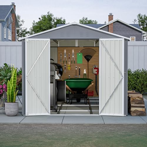 YOPTO 8x12 FT Outdoor Storage Shed W/Floor Frame,Metal Shed W/Double Lockable Doors,Garden Tool House W/ 2 Vents & Sloped Roof,for Backyard Patio Lawn,Gray - Image 5