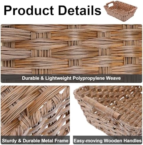 2 Pack Large Waterproof Wicker Storage Basket – 15"x10.6"x5.1" Brown Polypropylene Woven Baskets with Wood Handles & Metal Frame for Pantry, Bathroom, Bedroom, Patio - Image 4