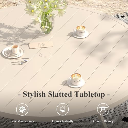 Outdoor Dining Table for 8, 60" Round Outdoor Table with Adjustable Umbrella Hole, All-Weather Metal Patio Dining Table for Lawn Garden Backyard Deck, Sandshell - Image 5