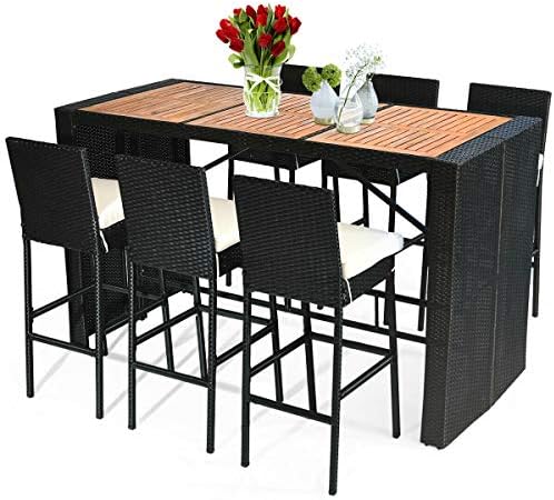 Tangkula 7 PCS Outdoor Wicker Furniture with Acacia Wood Bar Table Top and Removable Cushion, Conversation Set for Dining, Patios, Backyards, Porches, Gardens and Poolside (Black) by TANGKULA