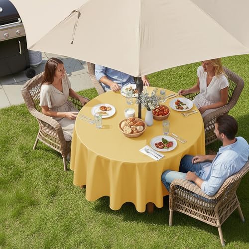 LUSHVIDA Round Outdoor Tablecloth with Umbrella Hole 60 Inch Yellow - Image 2