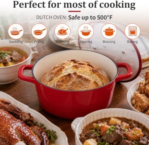 Winado 7.5 Qt Enameled Cast Iron Dutch Oven Pot with Lid, Red Ombre - Image 3