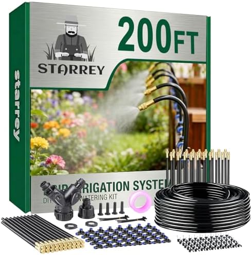 Drip Irrigation System, 2026-Upgrade 200Ft 1/4" Garden Watering System with 40 Pcs 360° Adjustable Copper Nozzles, DIY Kit for Garden, Lawn, Greenhouse, Raised Beds & Outdoor Plants by Starrey