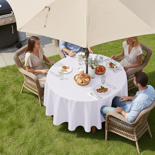 LUSHVIDA Round Outdoor Tablecloth with Umbrella Hole 60 Inch White - Image 2