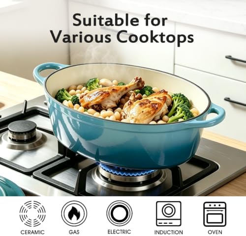 Enameled Dutch Oven Pot with Lid, 7 QT Cast Iron Dutch Oven with Dual Handles, Oval Dutch Oven for Cooking, Bread Baking, Frying, Non-stick Enamel Coated Oven (Blue-Green) - Image 5