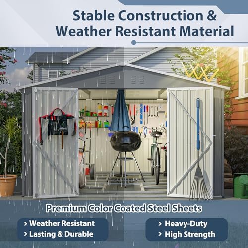 YOPTO 10X8 FT Outdoor Storage Shed,Metal Shed W/Floor Frame,Garden Tool House W/Lockable Hinged Door,Air Vents & Sloped Roof,for Backyard Patio Lawn,Gray - Image 7