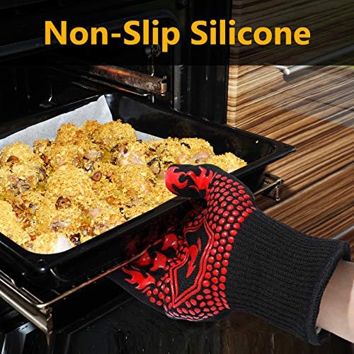 QUWIN BBQ Gloves, BBQ Accessories 1472℉ Extreme Heat Resistant, Grilling Gloves Silicone Non-Slip Oven Mitts, Kitchen Gloves for BBQ, Grilling, Cooking, Baking-1 Pair… (One Size Fits Most, Red) - Image 3