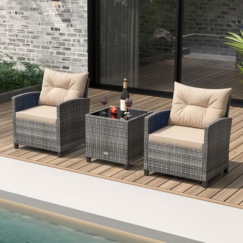 KOTEK 3 Piece Patio Furniture Set, Outdoor PE Rattan Conversation Set with Washable Cushions & Tempered Glass Tabletop, Wicker Chairs and Table Set for Porch, Garden, Balcony (Beige) - Image 2