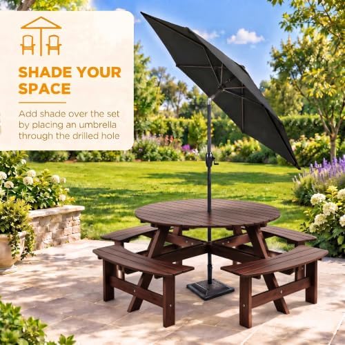 8 Person Wooden Picnic Table, Outdoor Round Picnic Table with 4 Built-in Benches, Umbrella Hole, Outside Table and Bench Set for Patio, Backyard, 500lbs Capacity Per Bench (Brown - 8Person) - Image 3
