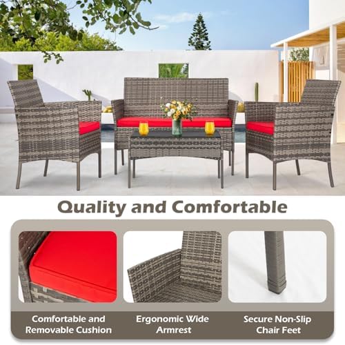 FDW 4-Piece Patio Furniture Set | Gray & Red |Outdoor Wicker Furniture - Image 6