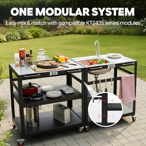Feasto 35" Movable Outdoor Grill Cart with Stainless Steel Sink & Faucet - Image 3