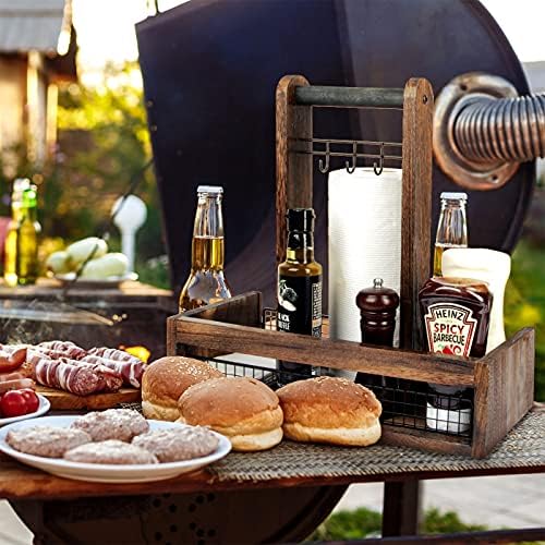 J JACKCUBE DESIGN Rustic Wood Tabletop Organizer for Outdoor Dining, Grill, BBQ Condiment, Spices, Spatula, Tong, Utensil Holder and Paper Towel Serving Caddy - MK718A (Rustic Wood) - Image 3