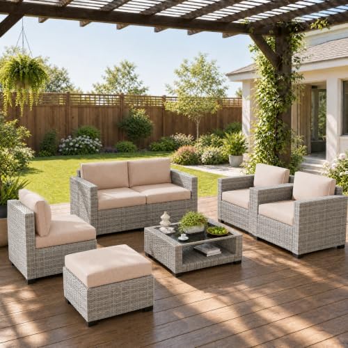 LOUVIXA 7 Piece Outdoor Patio Furniture Set, Rattan Chairs Glass Table Wicker Conversation Seating Sectional Sofa with Cushions (Grey White-Beige, 7Pcs-2 Layer Coffee Table) by LOUVIXA