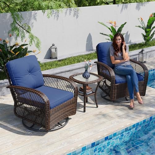 Aoxun 3 Pieces Patio Furniture Set, Patio Swivel Rocker Chairs Set of 2, Wicker Outdoor Bistro Set with Rocking Chair, Thickened Cushions and Table for Porch (Blue) - Image 2