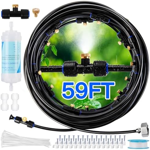 Misters for Outside Patio with Water Filter - 59Ft(18M) Misting system Line 20 Brass Mist Nozzles Brass Adapter(3/4") Patio Misters for Cooling Outdoor Greenhouse Backyard Porch Garden BBQ Party Pool by Rafow