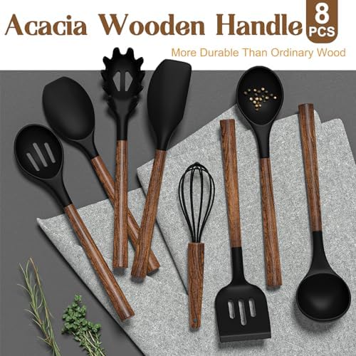 Silicone Cooking Utensil Set, Umite Chef 8-Piece Kitchen Utensils Set with Natural Acacia Wooden Handles,Food-Grade-Silicone Kitchen Gadgets Spatulas Set for Nonstick Cookware- Black - Image 2
