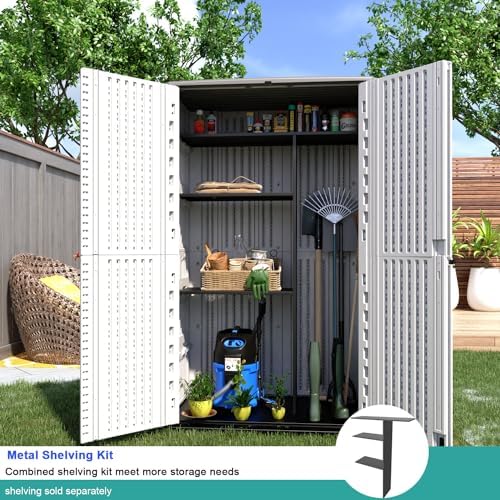 KINYING Outdoor Storage Cabinet Waterproof, Resin Vertical Outdoor Storage Shed for Patio Furniture, Garden Tools, Pool Accessories, Mower Storage (66 Cu.ft, Off White) - Image 5