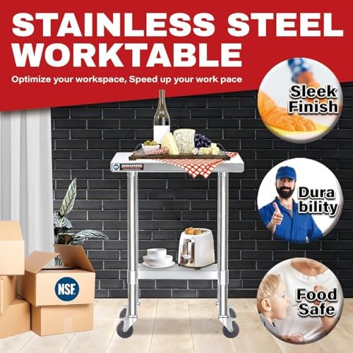 DuraSteel 24x12 NSF Stainless Steel Cart Work Table - Heavy Duty Rolling Food Prep Table - Metal Utility Cart on Wheels Caster, Grill Stand Microwave Outdoor Kitchen Tables Countertop Island Top Vevor - Image 3