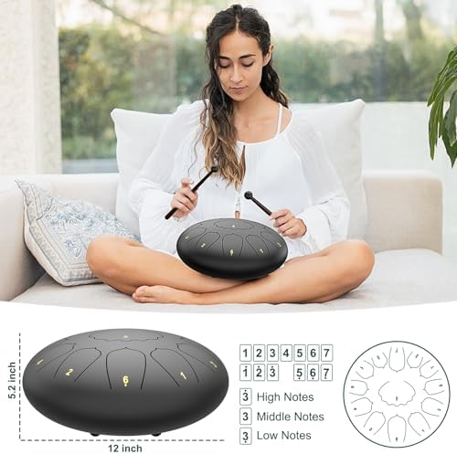 Large Steel Tongue Drum Handpan: 12 Inches 13 Notes Rain Drums for Outside Garden, Meditation Hand Pan with Music Book, Mallets and Carry Bag, Musical Instrument for Adult Kid Gift (Black) - Image 3