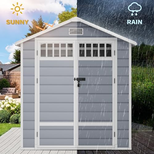 DWVO 6x4.4 FT Resin Storage Shed with Fence-Style and Side Windows, Lockable Door, and Vents for Garden, Backyard, Patio, Lawn, Gray - Image 4