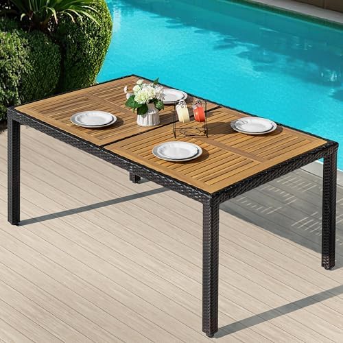 NUU GARDEN 59 x 35 Inch Outdoor Patio Dining Table for 6, Acacia Wood Slatted Tabletop with Rattan Wrapped Metal Frame, All Weather Outdoor Table for Garden Backyard Lawn, Black - Image 4