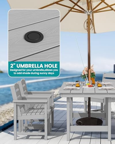 SERWALL 7 Pcs Outdoor Dining Set, 67" HDPE Dining Set for 6, Light Gray - Image 4