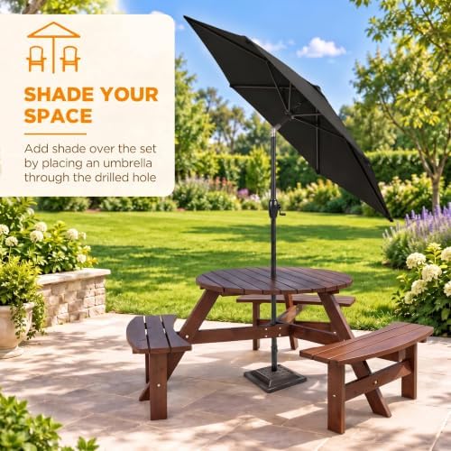 6 Person Wooden Picnic Table, Outdoor Round Picnic Table with 4 Built-in Benches, Umbrella Hole, Outside Table and Bench Set for Patio, Backyard, 500lbs Capacity Per Bench (Brown - 6 Person) - Image 6