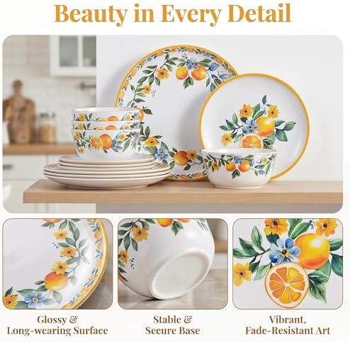 Lemon Dinnerware Set for 4, 12-Piece Melamine Plates and Deep Bowls - Image 6