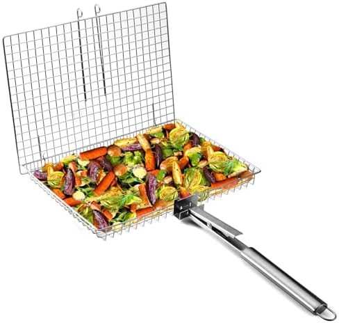 Grill Basket Extra Large,Grill Accessories for Outdoor Grill,Grilling Gifts for Men,Fish Grill Basket, Shrimp Vegetable, Veggie, Barbecue BBQ Rack, Camping Cooking, Unique Detachable Handle by RTT