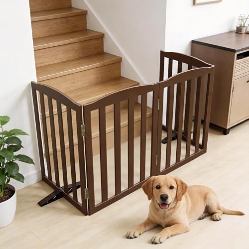 Freestanding Dog Gate Indoor,Doggie Gate Foldable Pet Gates for Doorways,Stairs or Hallways, Wooden Brown Pet Gate for the House, Pet Fence with Support Feet Included,32 "Height-2 Panels - Image 3