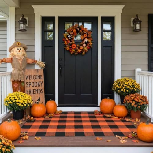MUBIN Fall Decor Cotton Buffalo Plaid Rug, 3' x 5' Orange Black Outdoor Rug Front Door Decorative Mat, Washable Halloween Doormat Foldable Area Rug Layered Door Mats Rug for Front Porch, Entryway by MUBIN