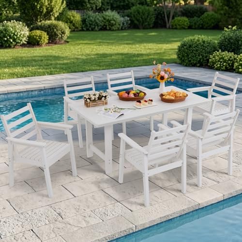 7-Piece Outdoor Dining Set, All-Weather HDPE Patio Furniture, 66.5" Slatted Table with 1.6" Umbrella Hole & 6 Ergonomic Armchairs, Heavy Duty 350lbs Capacity, UV Resistant, White by Unknown