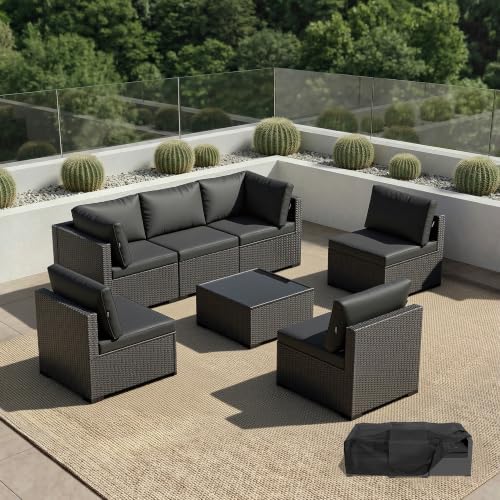 Patio Furniture Set - All-Weather - 7 Piece Patio Outdoor Conversation Set, Modular Wicker Rattan Sectional Sofa for Backyard, Garden, Poolside, Balcony, Porch, Patio,Black/Black by Unknown