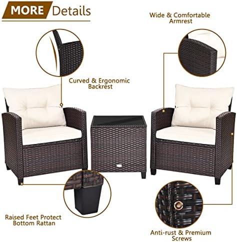 RELAX4LIFE 3 Piece Patio Furniture Set, Wicker Bistro Conversation Set w/ 2 Cushioned Armchairs & Glass Topped Table, Outdoor Rattan Sofa for Porch Balcony Poolside (White) - Image 5