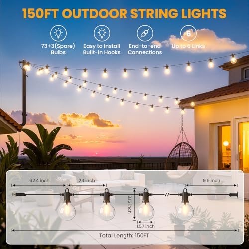 G40 LED Outdoor String Lights, 150FT Waterproof IP65 Hanging Patio Lights - Image 2