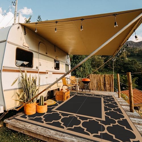 GENIMO Outdoor Rug, Waterproof Plastic Rugs 10'x14' for Camping Black Brown - Image 3