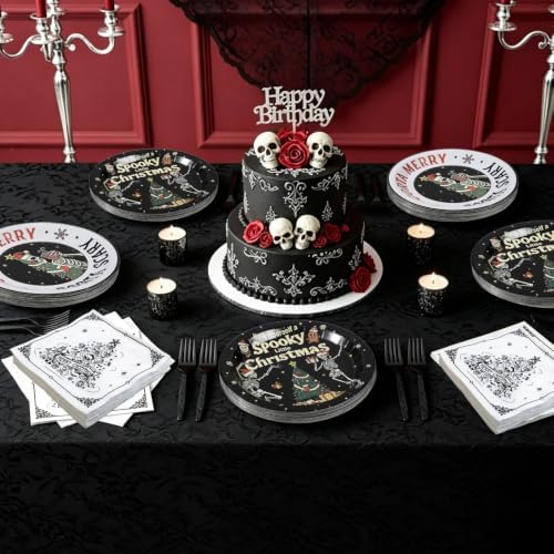 125 Pcs Gothic Halloween Christmas Tableware Set | Skull Christmas Disposable Paper Plates Napkins Forks, Goth Dinnerware set for Xmas Birthday Halloween Party Supplies - Image 7
