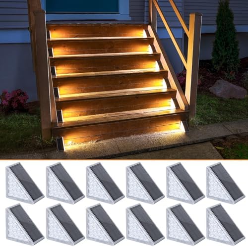 NIORSUN Solar Step Lights 12 Pack - Outdoor Stair Lights with 3000K Warm White & 6000K Cool Daylight, IP67 Waterproof, Auto On/Off, Super Bright for Deck, Patio, Steps by NIORSUN