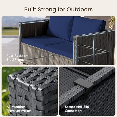 Patio Furniture Set - All-Weather -5 Piece Outdoor Patio Conversation Couch Sets, Modular Wicker Rattan Sectional Sofa for Garden, Patio, Poolside, Backyard, Balcony, Porch,Navy Blue - Image 2