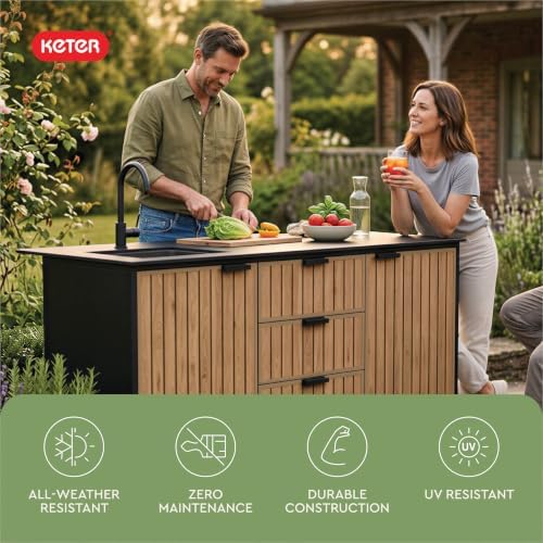 Keter Signature Compact Outdoor Kitchen Island with Sink, Storage Drawers & Cabinet, Brown, Weather-Resistant Resin Patio Prep Table with Countertop - Image 5