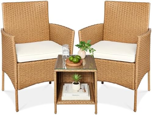 Best Choice Products 3-Piece Outdoor Wicker Conversation Bistro Set, Space Saving Patio Furniture for Garden w/Side Table - Natural/Ivory by BestChoiceProducts