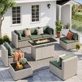 Outdoor Patio Furniture Set with Fire Pit 8 Pcs Wicker Sectional Sofa Green by UDPATIO