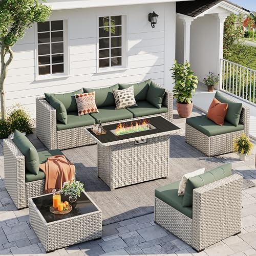 Outdoor Patio Furniture Set with Fire Pit 8 Pcs Wicker Sectional Sofa Green by UDPATIO