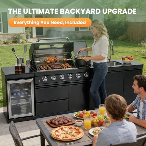 98" Rolling Outdoor Kitchen Island with Built-In 4 Burners 72,000 BTU Stainless Steel Gas Grill Featuring Rotisserie Oven,Granite Countertops,Beverage Fridge,Sink. (Black + Fridge + Sink, Propane Gas) - Image 4